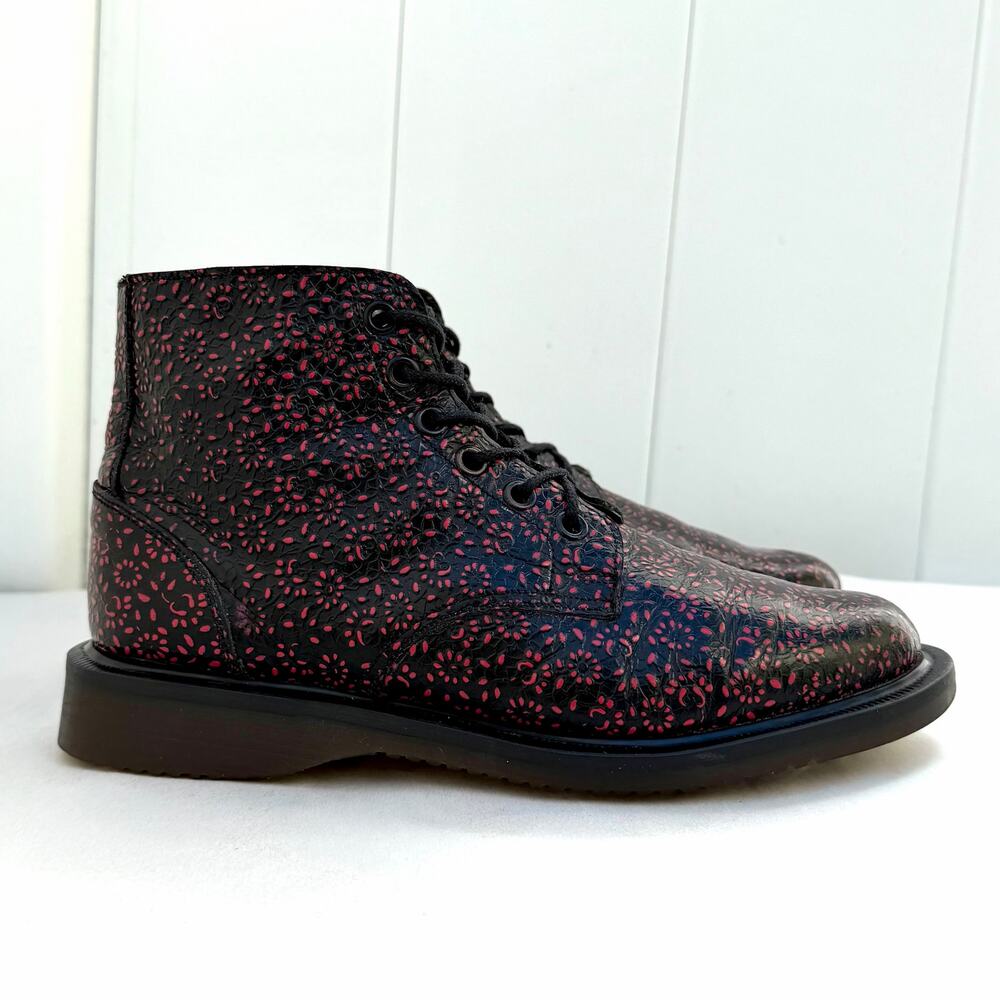 Vintage Dr Martens England Ditzy Flower Red Black Embossed Leather Boot Emmeline